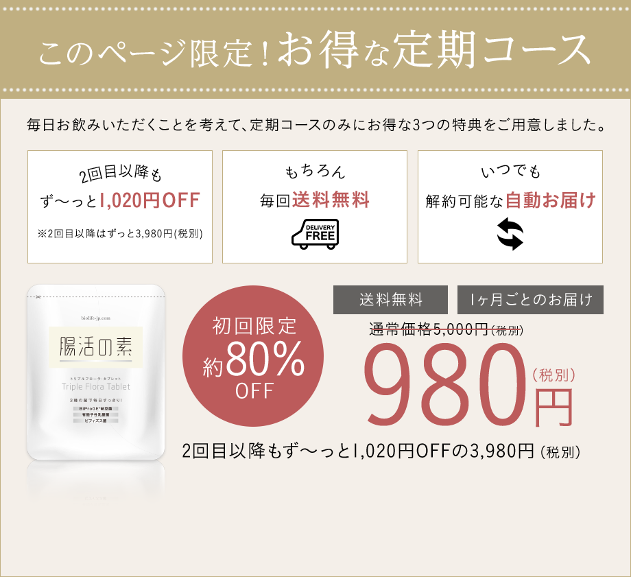 このページ限定！お得な定期コース 初回限定約80％OFF 送料無料 1ヶ月ごとのお届け 2回目以降もずっと1,020円OFF